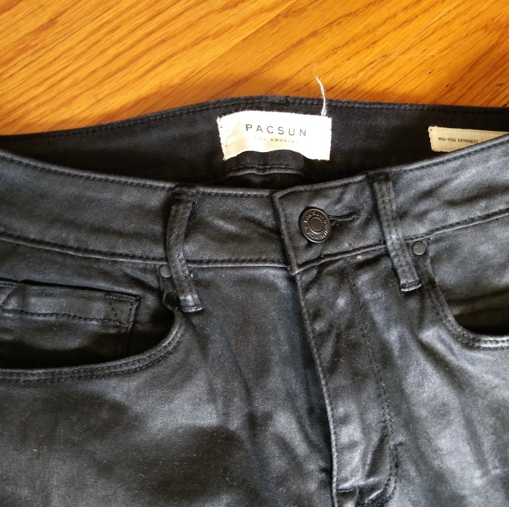 Black leather-like cigarette jeans